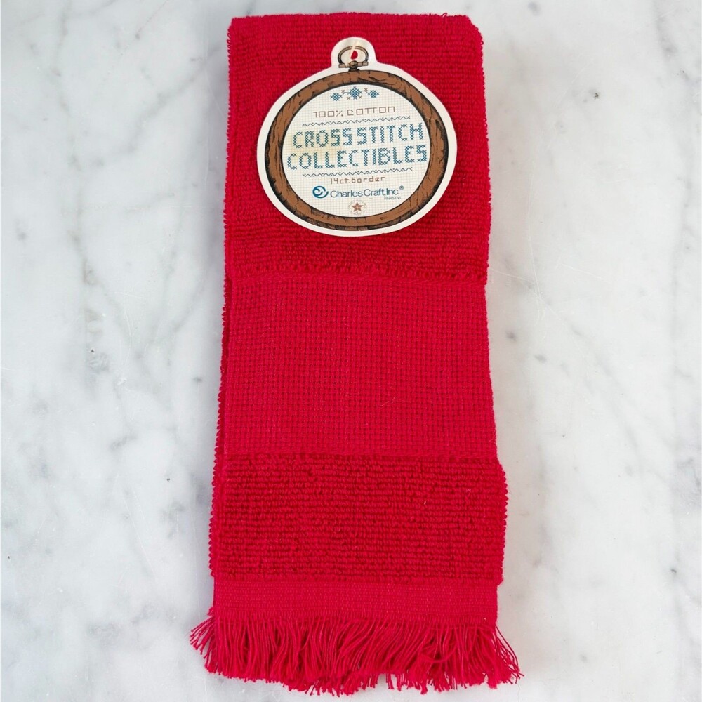 Vintage Charles Craft Cross Stitch Towel Red 14 Count Border NEW Old Stock